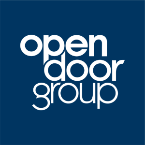 Plain 'Open Door Group' white logo on blue background