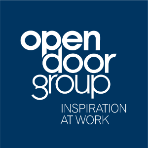 White 'Open Door Group' logo on blue background with the tagline 'Inspiration at Work'
